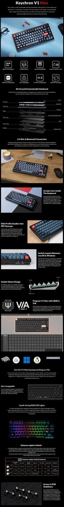 [V1M-D1] Keychron V1 MAX 75% Red Switch Hot-Swap Gateron Jupiter RGB Wireless Keyboard - BK