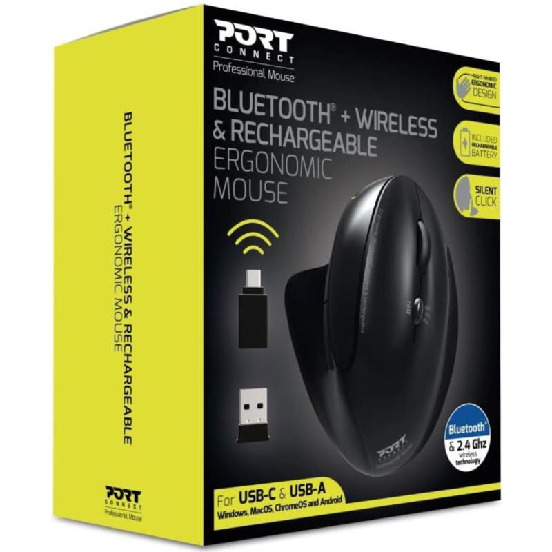 [900706-BT] Port Connect Wireless Rechargeable Ergonoc Mouse Bluetooth  - Black