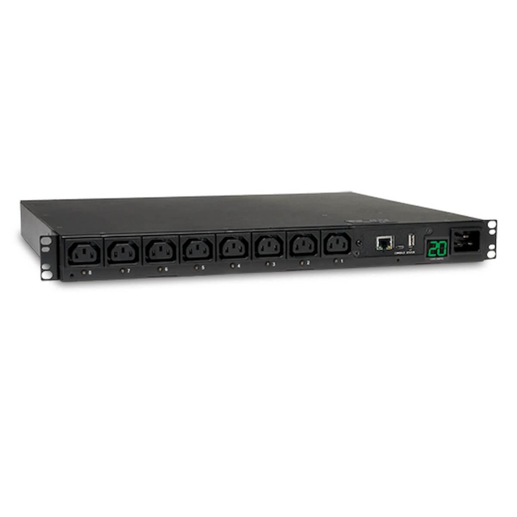 3.7kW Single-Phase 208/230V Switched PDU - LX Platform, 8 C13 Outlets, C20 Input with L6-20P Adapter, 2.4m Cord, 1U Rack-mount, TAA