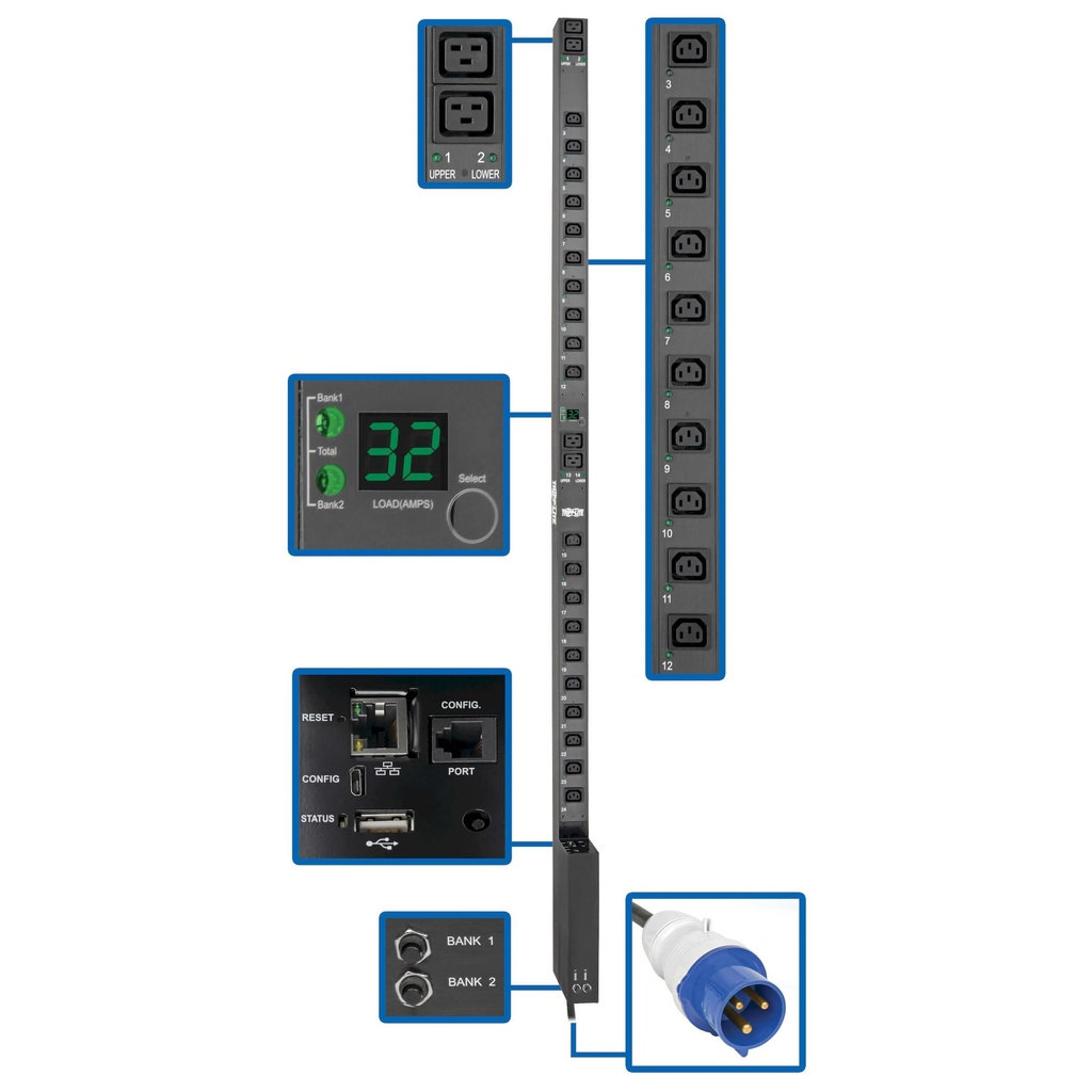 [PDUMH32HVNET] 7.4kW Single-Phase Switched PDU, LX Interface, 230V Outlets (16-C13), IEC-309 Blue 230V 32A, 3.6m Cord, 2U Rack-Mount, TAA