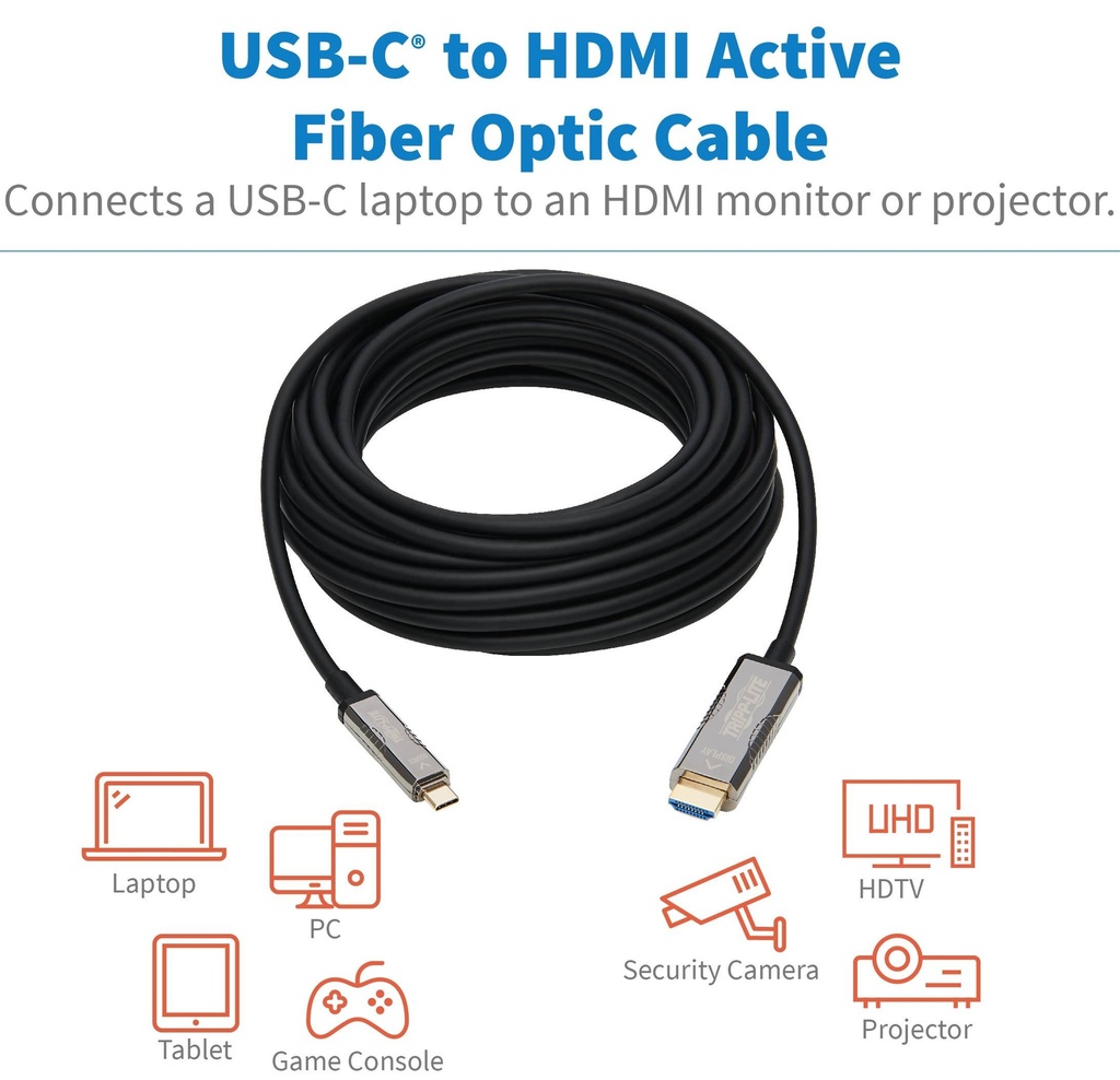 High-Speed USB-C to HDMI Fiber Active Optical Cable (AOC) - UHD 4K 60 Hz, HDR, CL3 Rated, Black, 10 m