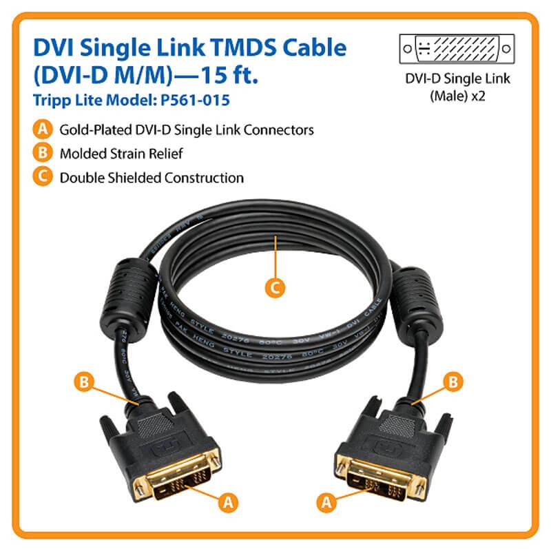 [P561-015] DVI Single Link Cable, Digital TMDS Monitor Cable (DVI-D M/M), 15 ft. (4.57 m)