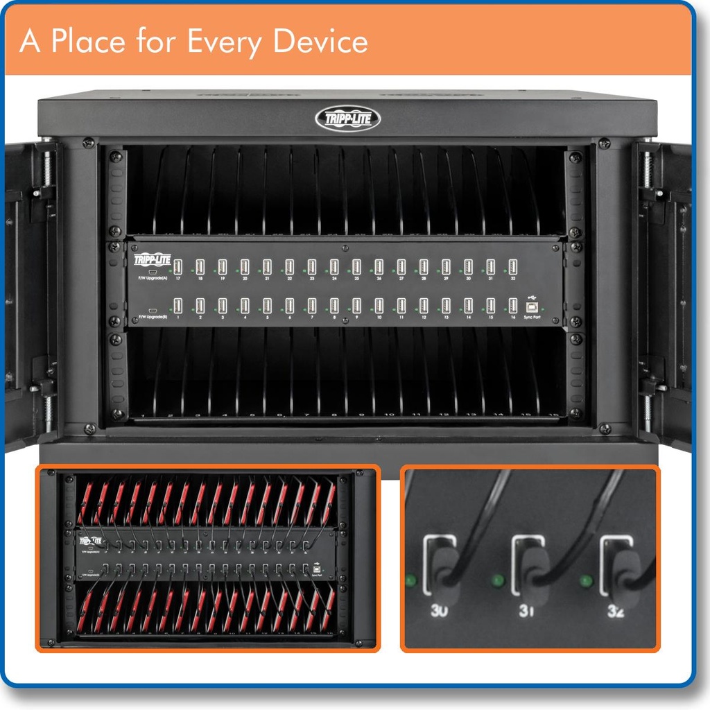 [CSDXB32USB] Locking Cell Phone Charging Station for 32 Devices – USB, with Sync for Smartphones. BS input.
