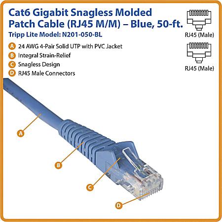 [N201-001-BL50BP] Cat6 Gigabit Snagless Molded (UTP) Ethernet Cable (RJ45 M/M), Blue, 1 ft. (0.31 m), 50-Piece Bulk Pack