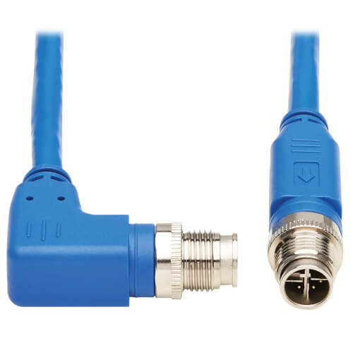 [NM12-603-05M-BL] M12 X-Code Cat6 1G UTP CMR-LP Ethernet Cable (Right-Angle M/M), IP68, PoE, Blue, 5 m (16.4 ft.)