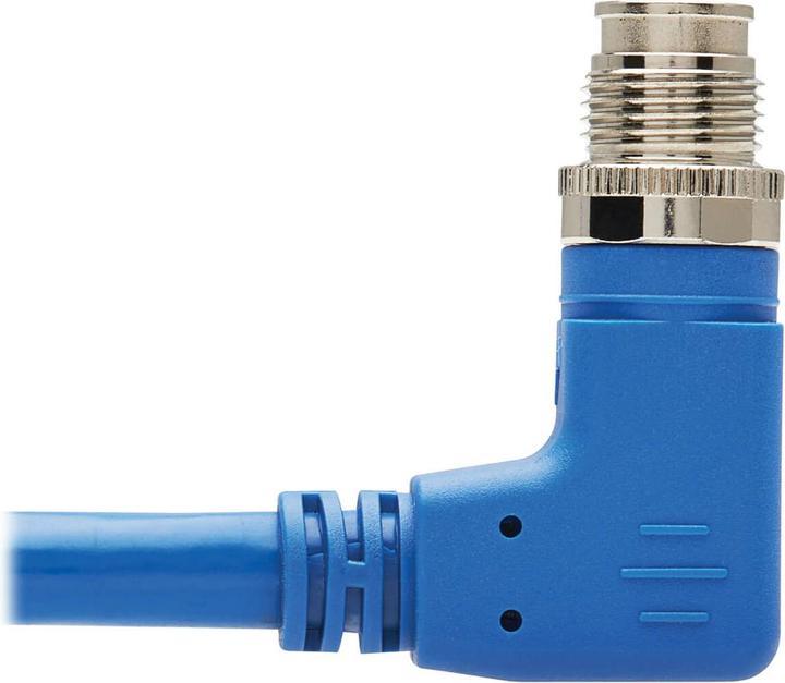 [NM12-6A4-01M-BL] M12 X-Code Cat6a 10G F/UTP CMR-LP Shielded Ethernet Cable (Right-Angle M12 M/RJ45 M), IP68, PoE, Blue, 1 m (3.3 ft.)
