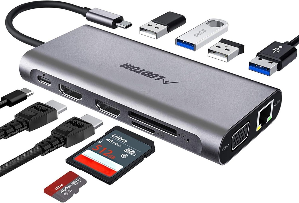 [U442-DOCK4-INT] USB-C Dock, Triple Display - 4K HDMI/DisplayPort, VGA, USB 3.2 Gen 1, USB-A/USB-C Hub, GbE, 100W PD Charging, International Power Cables