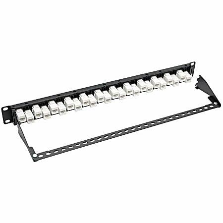 24-Port 1U Rack-Mount Cat6a/Cat6/Cat5e Offset Feed-Through Patch Panel with Cable Management Bar, RJ45 Ethernet, TAA
