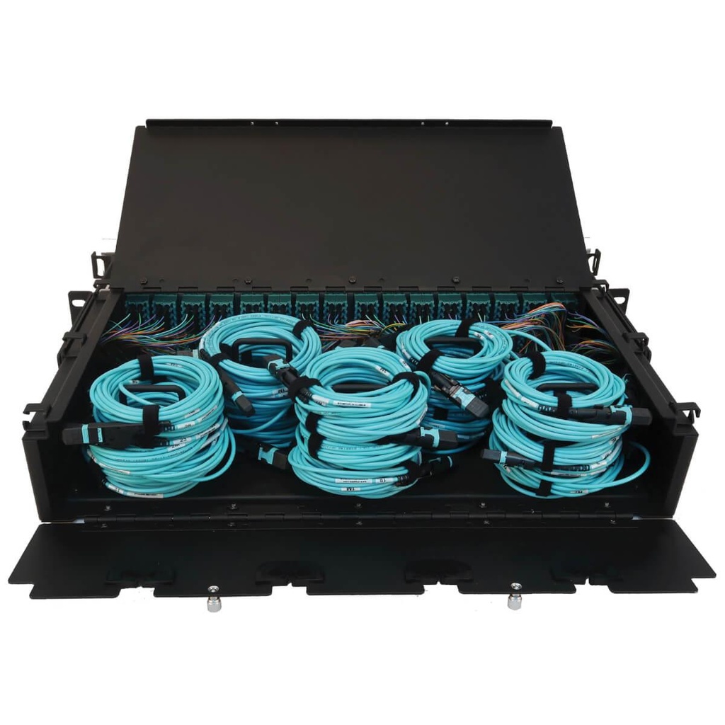 [N48M-32M8L4-03] Preloaded Fiber Patch Panel, 2U - 32x (12F MTP/MPO-PC to 4x LC Duplex F/F) 8F Trunk Cables, OM4 Multimode, 3 m (9.8 ft.)