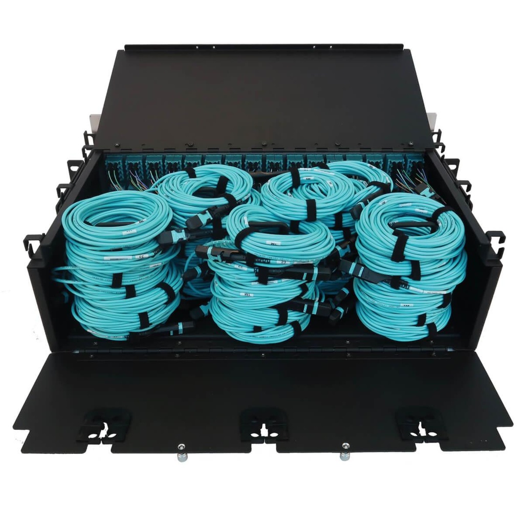 Preloaded Fiber Patch Panel, 3U - 48x (12F MTP/MPO-PC to 4x LC Duplex F/F) 8F Trunk Cables, OM4 Multimode, 5 m (16.4 ft.)