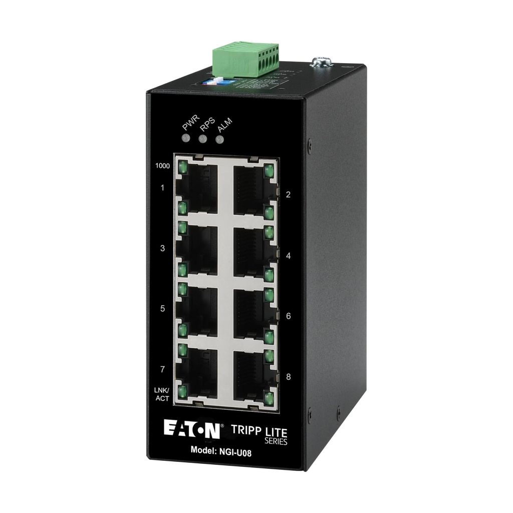[NFI-U08-2A] 8-Port Unmanaged Industrial Ethernet Switch - 10/100 Mbps, Ruggedized, -40° to 75°C, EIP QoS, DIN Mount