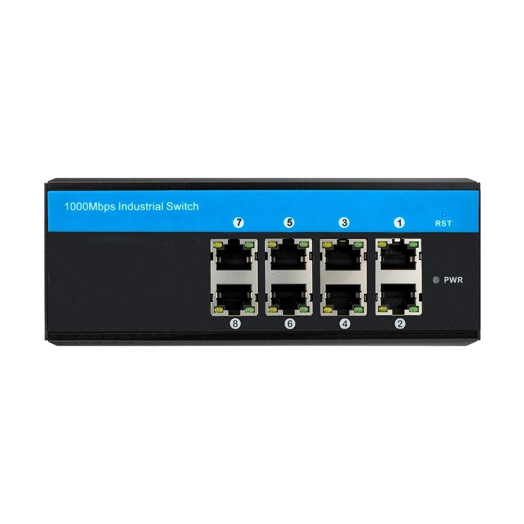 [NGI-U08A] 8-Port Unmanaged Industrial Gigabit Ethernet Switch - 10/100/1000 Mbps, Ruggedized, -40° to 75°C, EIP QoS, DIN Mount, 