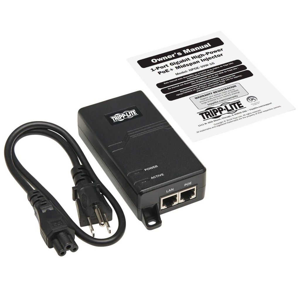 Gigabit PoE+ Midspan Active Injector - IEEE 802.3at/802.3af, 30W, 1 Port, International Plug Adapters