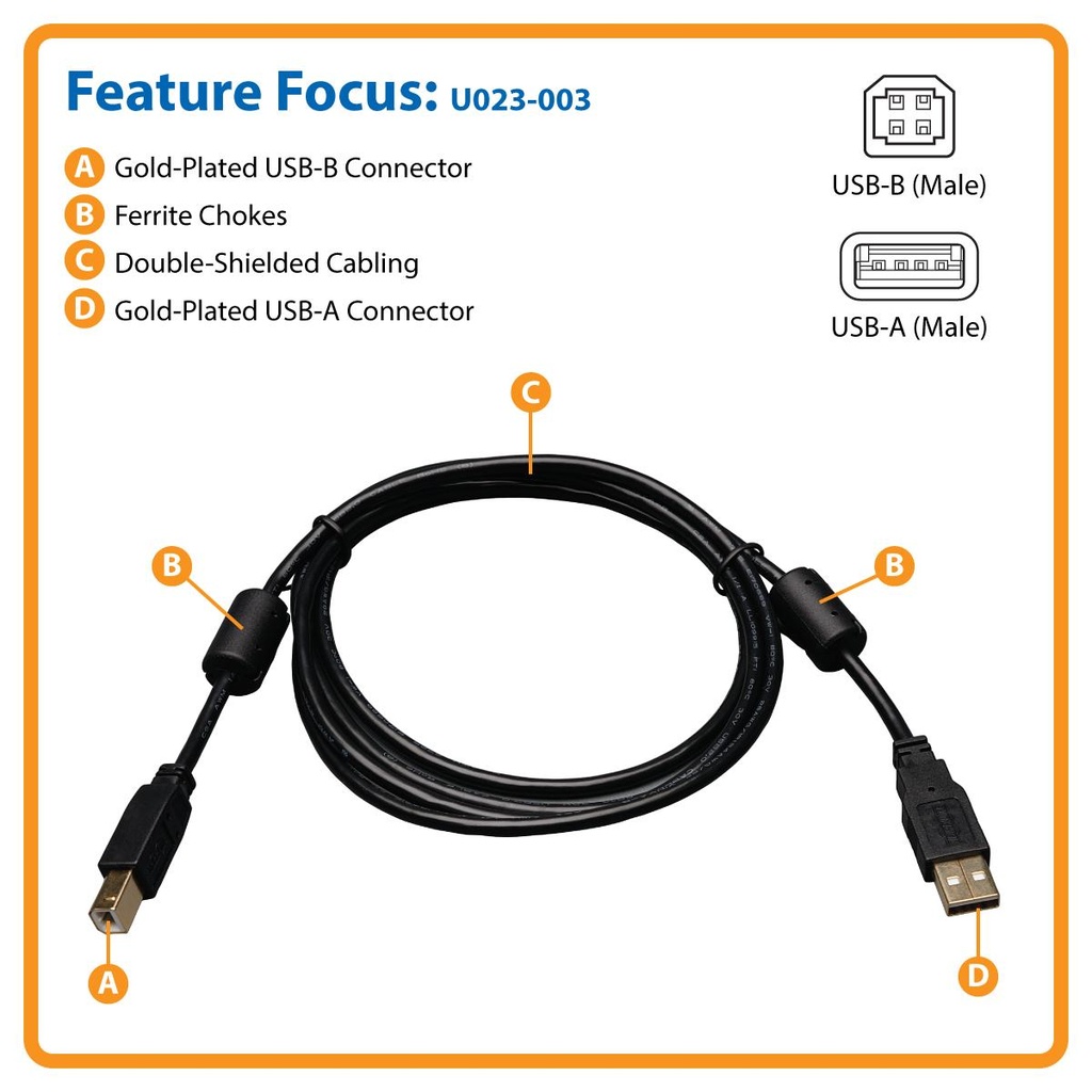 [U023-003] USB 2.0 A/B Cable with Ferrite Chokes (M/M), 3 ft. (0.91 m)