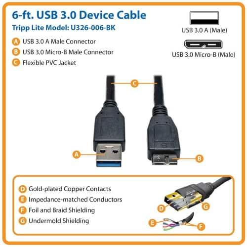 [U326-006-BK] USB 3.0 SuperSpeed Device Cable (A to Micro-B M/M) Black, 6 ft. (1.83 m)