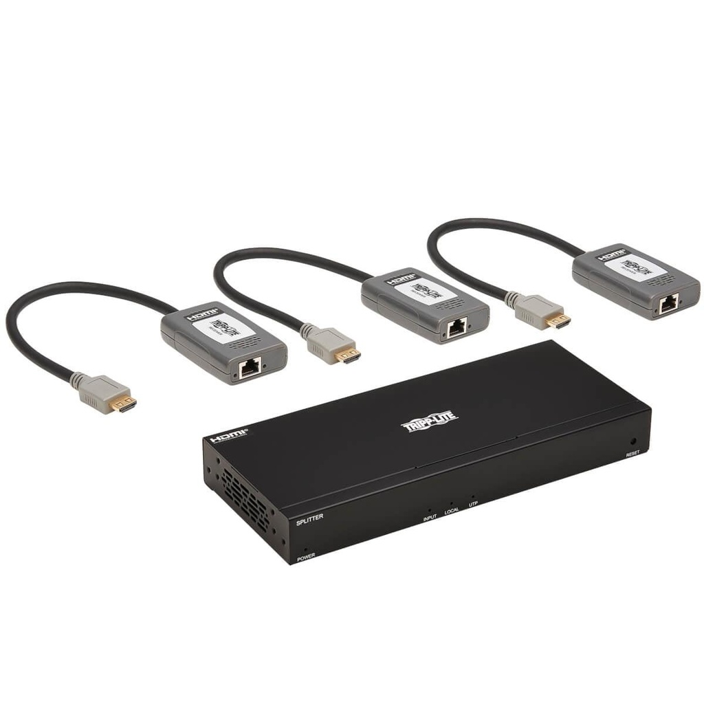 [B127A-004-BHPH3] 4-Port HDMI over Cat6 Extender Kit, Splitter/3x Pigtail Receivers - 4K 60 Hz, HDR, 4:4:4, PoC, 230 ft. (70.1 m), TAA