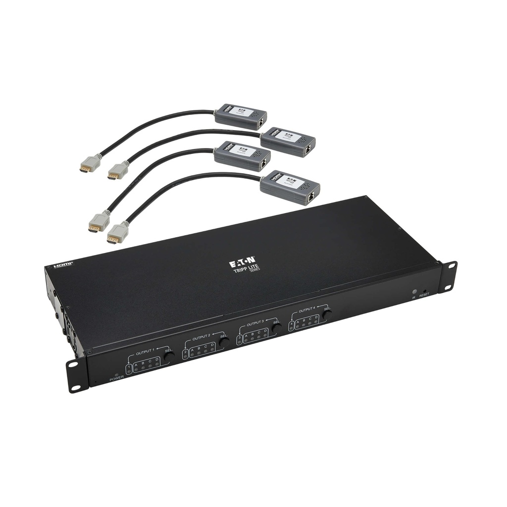 [B127A-4X4-BH4PH] 4x4 HDMI over Cat6 Matrix Switch Kit, Switch/4x Pigtail Receivers - 4K 60 Hz, HDR, 4:4:4, PoC, 230 ft. (70.1 m), TAA