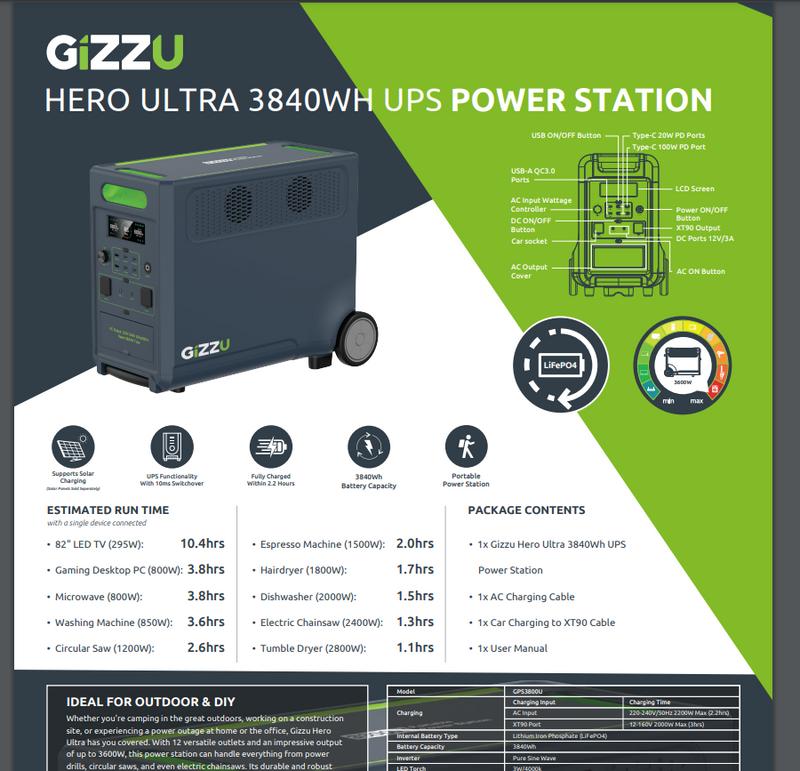 [GPS3800UE] Gizzu Hero Ultra Plus 3840WH/3600W UPS Power Station