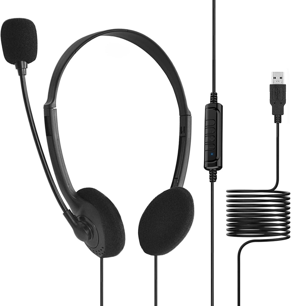 Port Connect USB Headset 1.8m Cable with Mic and Padded/Soft Cushions Black