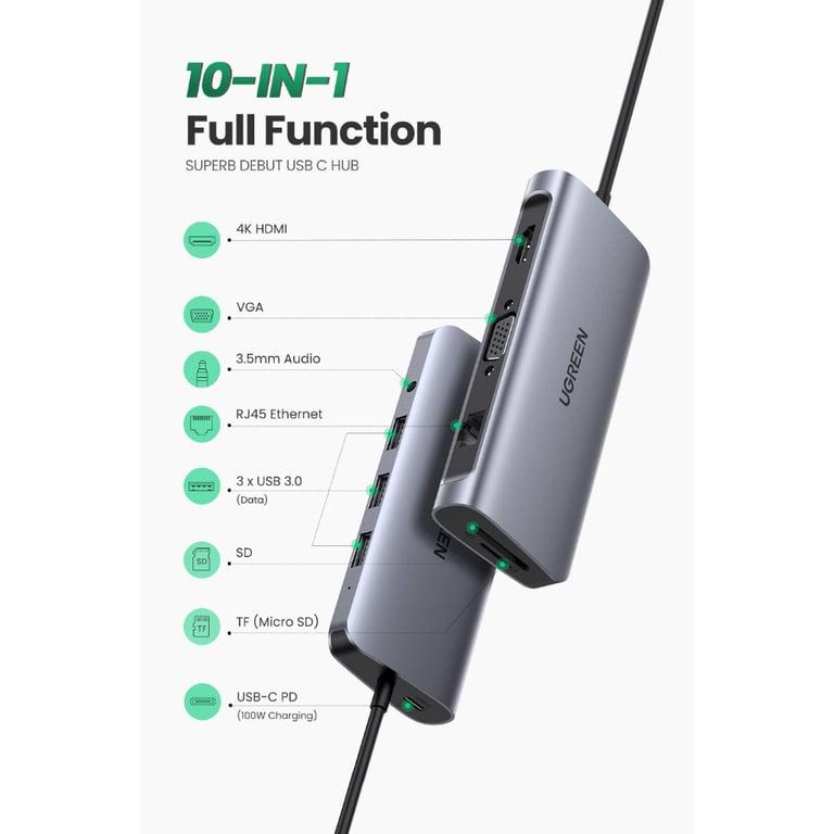[CM498-15600] UGREEN USB-C To 3*USB 3.0 A + HDMI + VGA + RJ45 Gigabit + SD/TF + PD Power Hub