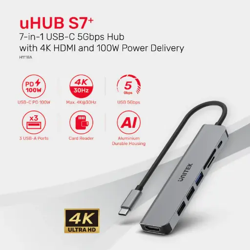 [HUB-USB-H1118A] UNITEK 7IN1 USB-C(HDMI+PD100W,MICRO SD/SD/H1118A)